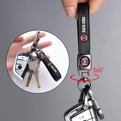Image of Car Keychain Keyring for Boston Red Sox Baseball Fans,Boston Red Sox Accessories Women /Men's Keychains for Vehicles,Leather Key Ring Lanyard Car Key Fob Holder,Key Fob Keyring Replacement