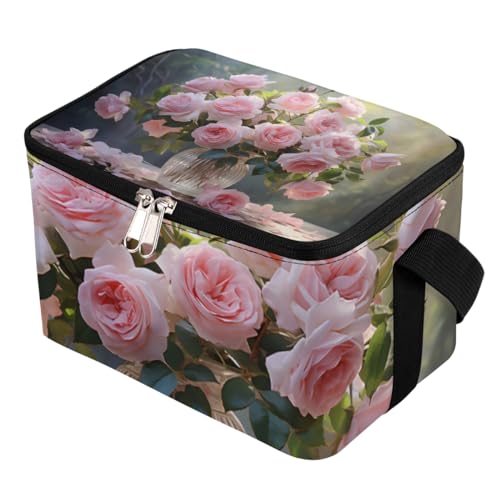 GzLeyigou Lunch Bags for Women Men 9 Cans,Pinks Roses Hot & Cold Food Delivery Bag Insulated Grocery Bag Insulated Lunch Box Round Glass Vase Cooler Bag for Office Work Picnic Beach