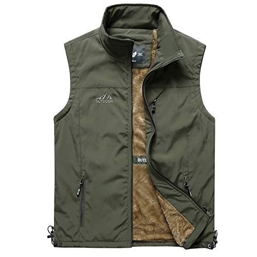 ZTJ-Lighting Men's Fishing Vest, Winter Fleece Warm Windproof Gilet with Multi Pockets, Full Zip Sleeveless Jacket Waistcoat for Photography Hunting Travels Vest,Green,4XL