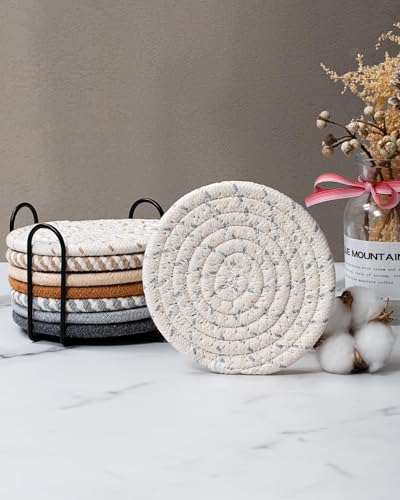 قواعد أكواب مشروبات مع حامل، قواعد أكواب ماصة للمشروبات، مجموعة قواعد أكواب قطن منسوجة لطاولة القهوة وديكور المنزل والبار، 8 قطع، 8 ألوان، 11 سم