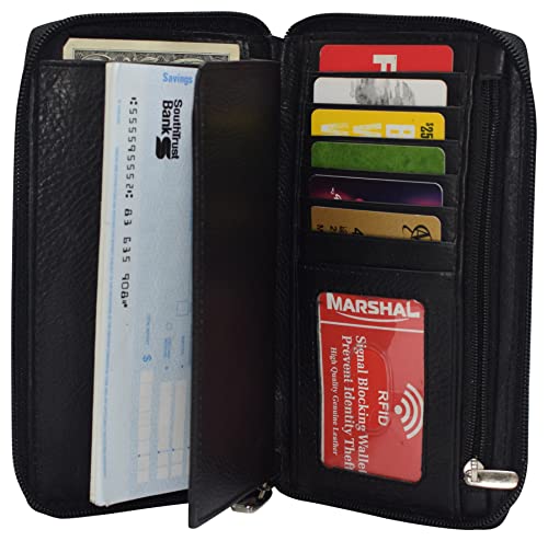 MARSHAL RFID Blocking Genuine Leather Long Bifold Zipper Checkbook Cover Wallet (Black)2
