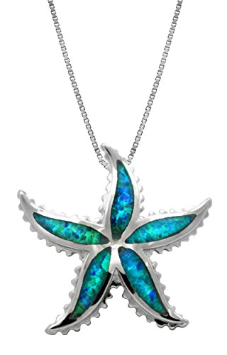 Honolulu Jewelry Company Sterling Silver Starfish Necklace Pendant with Simulated Blue Opal and 18" Box Chain