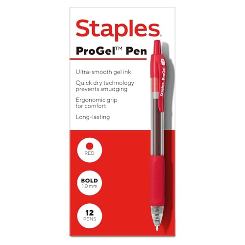 Image of STAPLES Retractable Gel Pens, Bold Point 1.0mm, Red Ink, 12 Pack - ProGel Smooth‑Flow Pens for Editing, Forms & Signatures