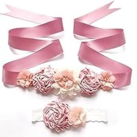 Yurosiay Blumenmädchen Gürtel Set - Satin Taillengürtel Mit Stirnband - Rosa 180cm