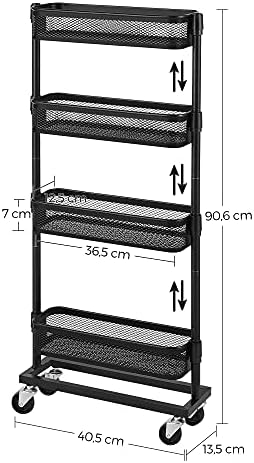 SONGMICS Wózek z 4 poziomami, regał wnękowy, wózek kuchenny, regał łazienkowy, regał kuchenny, oszczędność miejsca, prosty montaż, kuchnia, biuro, łazienka, salon, czarny BSC065B01