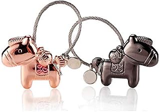 Cojoy Horse Shape Lovers Key Ring, 1 Pair Zinc Alloy Pendants with Magnetic Mouth, Pair of Key Chain Gift for Birthday, Wedding, Christmas, Black and Rose Gold Colour