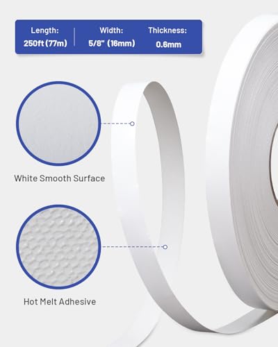 Image of Melamine Edge Banding White 5 /8 inch x 250 ft Veneer Edging Easy Application Iron on Edge Banding Tape for Cabinet Plywood Repairs Furniture Restoration