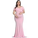 LAEMILIA Maternity Dress Photoshoot Off Shoulder Ruffles Pregnancy Dress Bodycon Fitted Maternity Gown for Baby Shower Wedding Cocktail Party Photography Solid S-XL Pink
