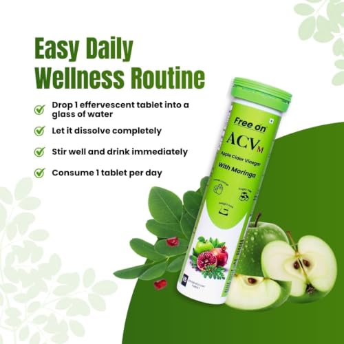 Image of Free On ACV Moringa Effervescent Tablets - Apple Cider Vinegar with Moringa - Controls Cravings, Boosts Metabolism & Weight Loss - Sugar Free - Pomegranate Extract, B6 & B12 - Green Apple (Pack of 4 (60 Tablets))