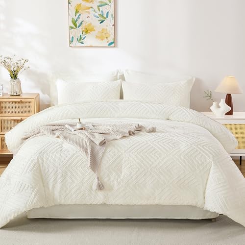 Image of Andency Super King Plus Comforter Set Ivory - 7 Pieces Bed in a Bag Oversized King Bedding Sets, Boho Tufted Lightweight Fluffy Bed Set with Comforter, Sheets, Pillowcases & Shams