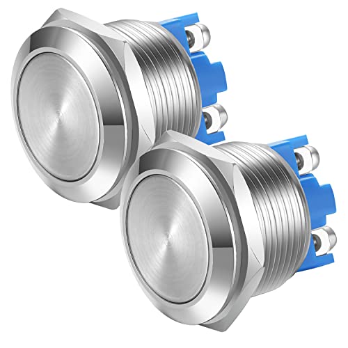 Gebildet 2pcs 22mm 5A/12V/24V/125V/250V Enclavamiento Interruptor de Botón,Terminales de Tipo Tornillo,Botón de Metal de Acero Inoxidable a Prueba de Agua(Cabeza Plana)