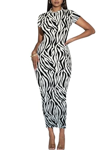Image of Women's Long Bodycon Dresses Leopard Print Casual Maxi Club Party Tight Dress Short Sleeve