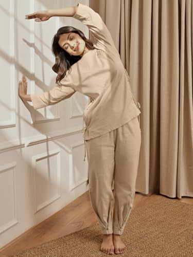 Image of VASTRAMAY Women's Cotton Linen Straight Yoga Pants with Adjustable Buttons
