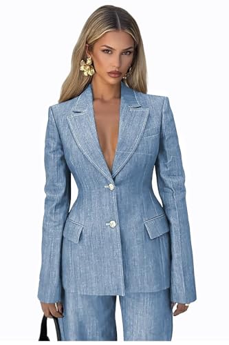 Denim Pant Suits for Women Blue V Neck 2 Button Womens Suits Business 2 Piece Set Notch Lapel Regular Fit Womens Tuxedo Suit Size XL-Large
