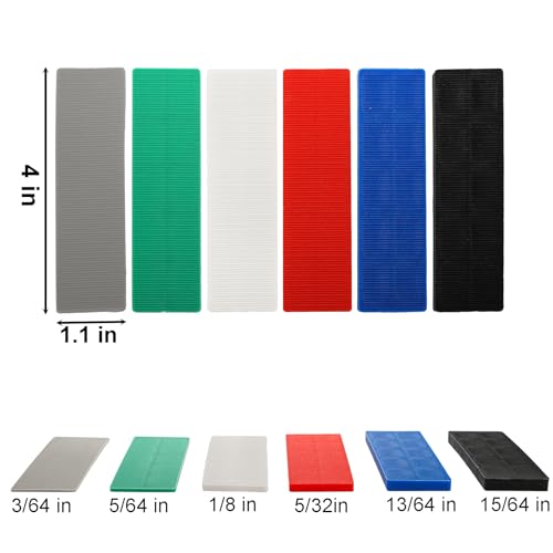 Image of Okllen 300 Pcs Plastic Flat Shims for Leveling, 6 Size Structural Tile Composite Shims for Home Improvement, 3 /64, 5 /64, 1 /8, 5 /32, 13 /64, 15 /64 Inch, Grey, Green, White, Red, Blue, Black