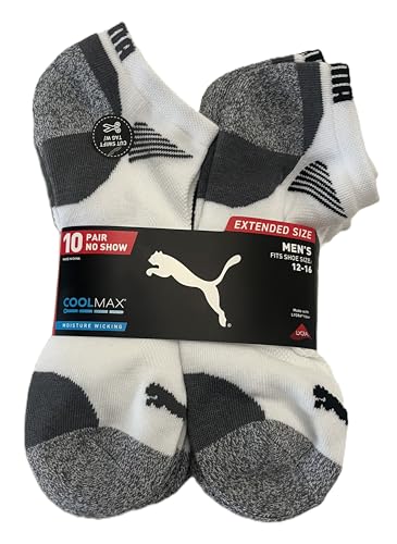 Puma Extended Size Men's No Show Socks, 10 Pairs, White, Fits Shoe Sizes 12-162