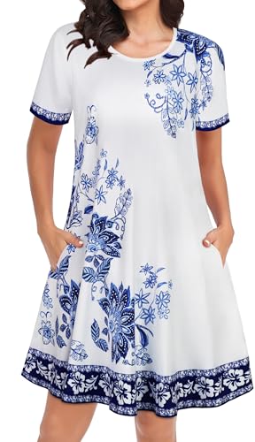 Image of Womens Summer Dresses Beach Casual Loose Tshirt Floral Short Sleeve Flowy Pockets Sundresses 2026