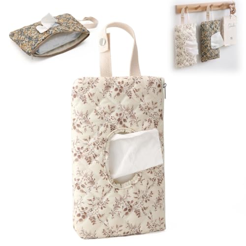 Portable Diaper and Wipes Pouch - Floral Refillable Wet Wipes Case with Lanyard for Home and Travel (Beige)