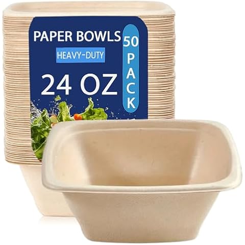 50-Pack 24oz Compostable Square Paper Bowls Unbleached Heavy-Duty Eco-Friendly Bagasse Bowls Disposable Meal Bowls for Cereal Snacks BBQ Picnic Birthday Party Biodegradable Premium Quality Dinnerware Cover
