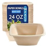FAMASTON Cuenco de papel cuadrado de 24 onzas, 100 % compostable, sin blanquear, resistente, desechable, de alta calidad, para barbacoa, picnic, fiesta de cumpleaños, paquete de 50