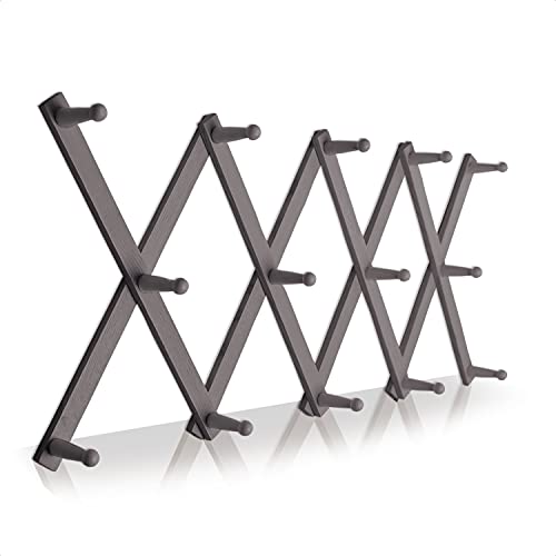 Stylo Accordian Wall Hanger X Shaped 37x16 Inches with 14 Wooden Pegs (2 Inches Long) - Wall Mounted Multipurpose Expandable Coat Rack for Hats, Caps, Mugs, Bags, Coat Hangers for Wall - Grey