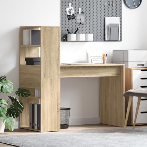 Schreibtisch mit Stauraum Sonoma Eiche 113x54x120 cm Spanplatte mit DREI Fächern, geräumige Arbeitsfläche, Kratzfeste Oberfläche, Zwei Montageoptionen, sturzsicher, Elegantes