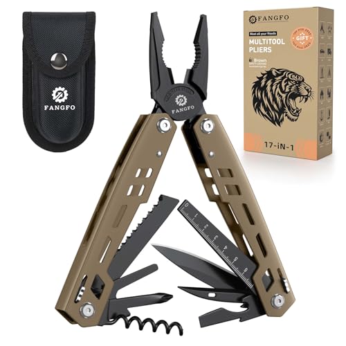 Multitool 17-in-1 Stainless Steel Multi Tool with Pocket Knife Needle Nose Pliers Bottle Opener Screwdriver Self-Locking Professional Multi-Tool for Outdoor Survival Gifts for Men(Brown)