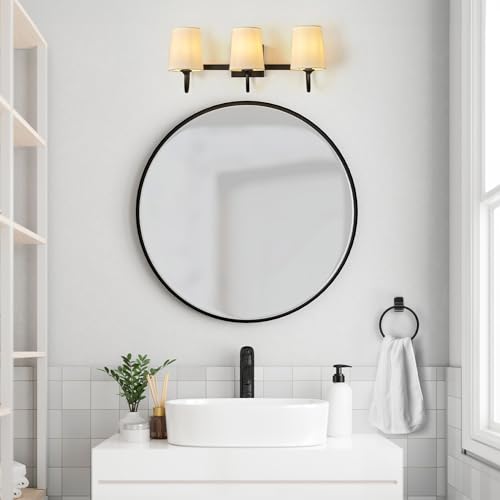 Image of Globe Electric 63000206 5-Piece All-in-One Bathroom Set, 3-Light Vanity Light, Matte Black, Linen Shades, Towel Bar, Robe Hook, Toilet Paper Holder, Towel Ring, Bathroom Lights Over Mirror