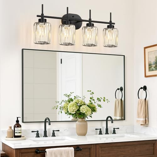 Image of Matte Black 4-Light Crystal Bathroom Vanity Light, Modern Bathroom Light Fixture Over Mirror, Black Vanity Lighting for Bathroom, Bulbs Not Included