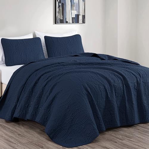 Image of Chezmoi Collection Austin 3-piece Oversized Bedspread Coverlet Set (Queen, Navy)