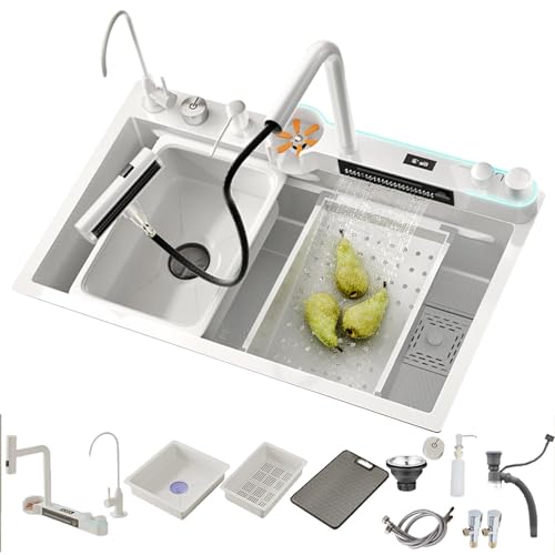 Kitchen Sink Black Stainless Steel Waterfall Kitchen Sink Multifunctional Digital Display Sink with New Dual Mode Faucet and Multiple Accessories (BS-75x45x22CM)