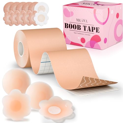 Mksoul Boob Tape for Breast Lift - 3 x 16.4ft Body Tape for Large Breasts A-G Cup 17 Pcs Kit with Reusable Silicone Nipple Covers & Satin Petals Invisible Breast Tape for Backless Dress & Swimsuit