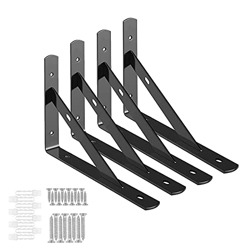 Newthinking 6 inches Heavy Duty Shelf Brackets, 90 Degree Angle Wall Mounted Shelf Support Brackets Frame, Accessories Included, Black (4 Pack)