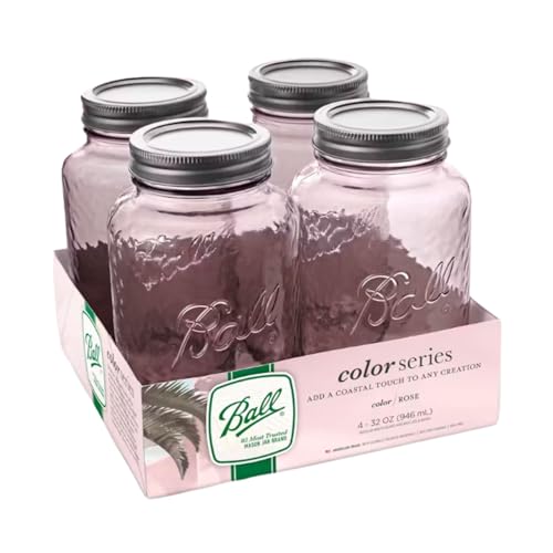 Ball Vintage Glass Mason Jars, 32 Oz Regular Mouth Quart Size, Durable Glass Storage Jars for Canning, Preserving, and Home Storage, Rose Color, 4 Count (Pack of 1)