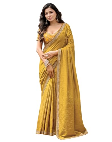 Image of SIRIL Women's Shimmer Silk Sequence Embroidery Lace two Tone Saree With Embroidery Unstitched Blouse Piece