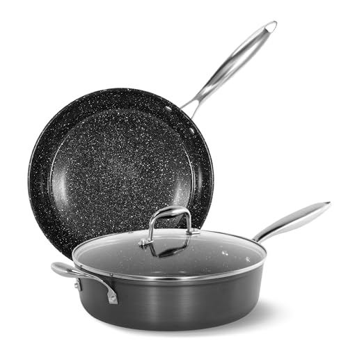 3 Piece Hard Anodized Non Stick Fry Pan Set, 11,12 Inch Skillets Set, Ceramic Frying Pans with Lids, Stay-Cool Handles, Pots and Pans Set Non Stick Ceramic, PFAS, PFOA-Free, Black