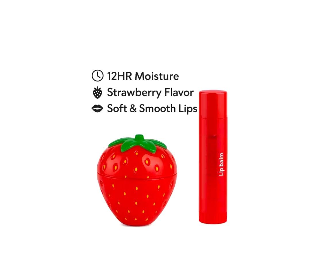 Zqugi Premiers Magic 2-in-1 Strawberry Lip Balm Set with 12-hour moisture, vitamin-rich fruit care for soft, smooth, naturally pink lips. Non-greasy, travel-friendly lip therapy.