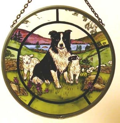 Winged Heart Decorative Hand Printed Stained Glass Window Sun Catcher/Roundel in a Collie Dog and Lambs Design