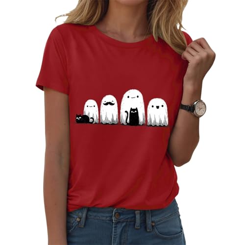 Women's Halloween Graphic Short Sleeve T-Shirt Casual Crew Neck T-Shirt for Summer Party Outfit with Jeans Long Sleeve Shirt Women's Loose, red, S
