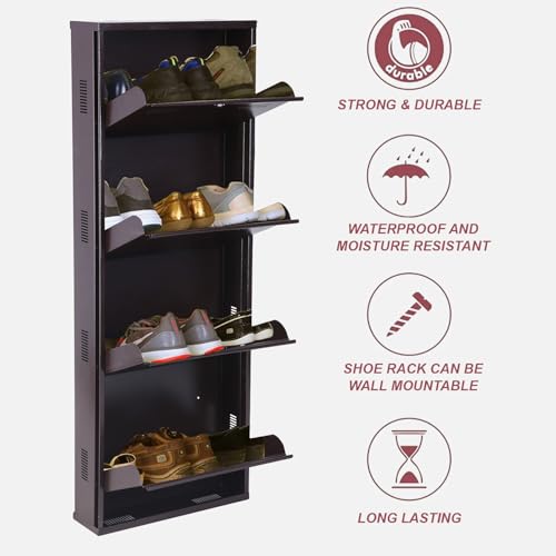 Image of Metal Shoe Rack Wall Mounted for Home with Central Locking | 4 Door 20 inch Wall Mounted Metal 8 Pair Shoe Rack Cabinet | Pre-Assembled Rack Shelves | 3 Year Warranty (Brown)