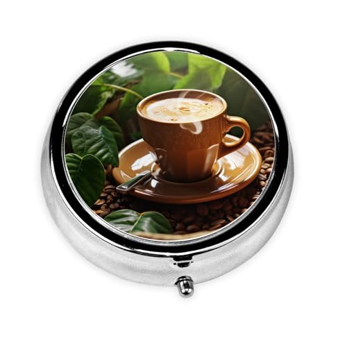 Pill Box 3 Compartment Travel Pill Organizer Portable Medicine Organizers Waterproof Coffee and Green Leaves Pill Case for Pocket or Purse