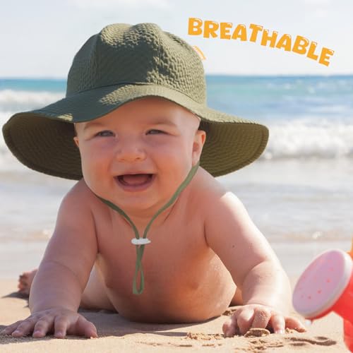 Image of HONGTEYA Baby Sun Hat Toddler Girl Beach Hat Sun Protection Adjustable Outdoor Summer Wide Brim Bucket Hat for Infant Kids