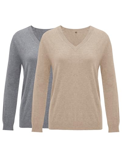 Arach&Cloz 2 Pack Womens Sweaters 2024 Lightweight Soft V Neck Long Sleeve Fall Tops Fashion Clothes Casual Shirts Pullover3
