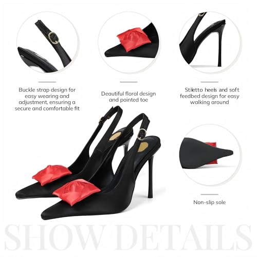 Image of Satin Slingback Pumps Women Floral Knot Pointed Toe Stiletto Heels