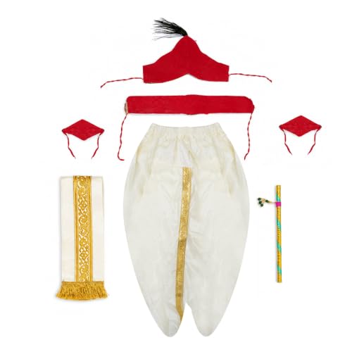 Image of Shri Krishna Costume Set - Ethnic Wear with Golden Jari Angavastram & Dhoti, Traditional Dress Set of 7 for Boys & Girls - Ideal for Janmashtami, Fancy Dress, and Festivals