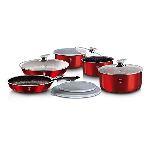 12 Pcs Colorful Space Saving Cookware Frying Pan Sauce Pan Casserole Pot Set Induction Lid Handles (Red)