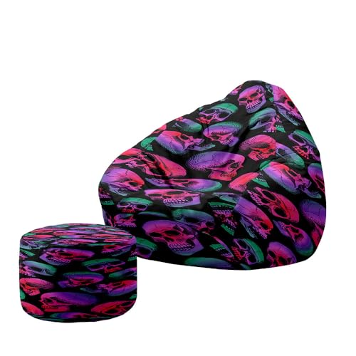 Hiseng Funda Puff Pera con Reposapies Sin Relleno S M L XL XXL, Puff Sin Relleno Lavable Grande Pequeño para Infantil Adultos Almacenaje de Juguetes de Peluche (Impresión de Calavera 10,130x150cm)