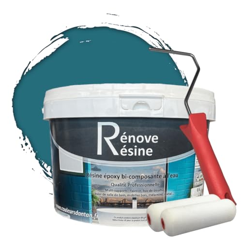 COULEURS D ANTAN Peinture Résine multisupport Intérieur pour Faïence, Carrelage, Douche, Baignoire 5m² - RAL 5021 Bleu d’eau + Kit d'application OFFERT