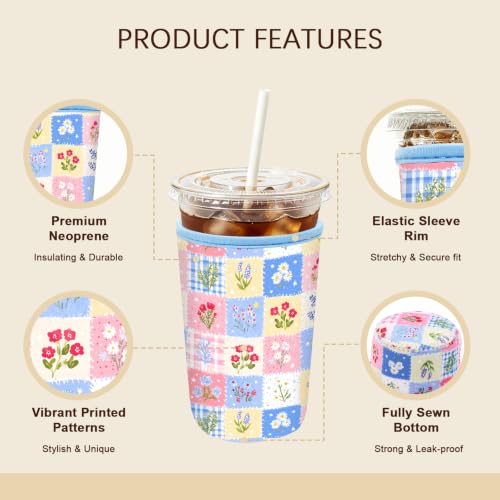 Image of Insulated Neoprene Cup Sleeve for Iced Coffee & Cold Soda - Reusable & Sweatproof, Keeps Drinks Cold Longer, Coffee Coolie for Hot & Iced Drinks (Gingham Floral, Small: 16-18oz)