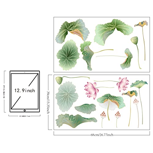 Superdant 2 Sheets/Set Lotus Pattern Pvc Wall Sticker Green Plants Vinyl Wall Decal Colorful Pvc Wall Art Chinese Ink Painting Theme Wall Decals For Living Room Bedroom Dinging Room Decor 15"X27" #TOP1